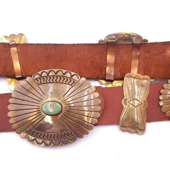 Vintage Handmade Brass Leather Navajo Concho Belt Turquoise Butterfly 32"-37" - Picture 2 of 12